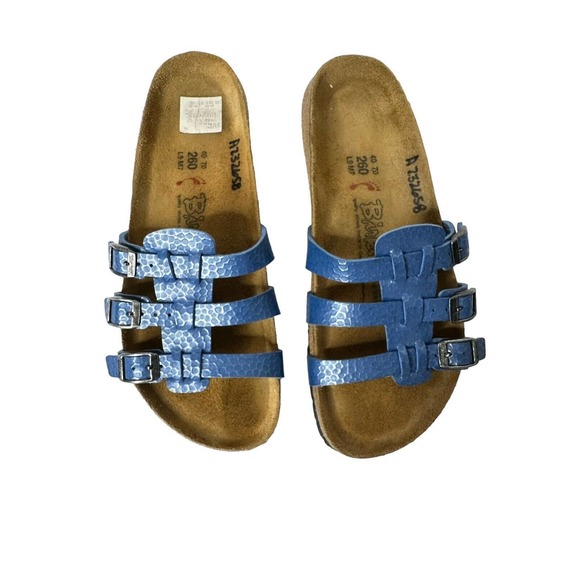Birkenstock Shoes - Birkenstock Blue Triple Strap Sandals with Textured Finish